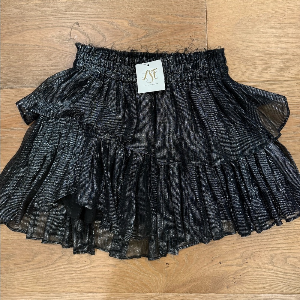 LoveShackFancy Shimmering Black metallic Mini Skirt